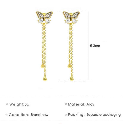 Vintage Crystal Butterfly Stud Earrings Gold Long Chain