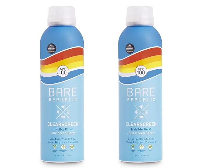 Bare Republic Clearscreen Sunscreen SPF 100 Sunblock Spray, Water Resistant with an Invisible Finish, 6 Fl Oz Each, 2 Pack