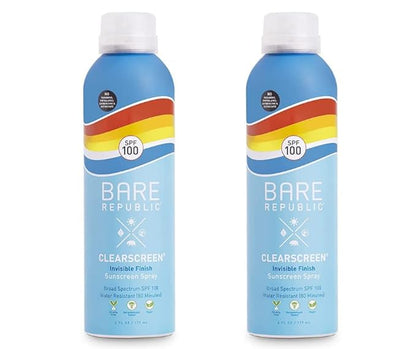 Bare Republic Clearscreen Sunscreen SPF 100 Sunblock Spray, Water Resistant with an Invisible Finish, 6 Fl Oz Each, 2 Pack
