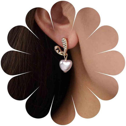 Vintage Pearl Heart Drop Earrings Rhinestone