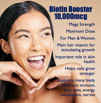 Biotin 10,000 mcg Hair Growth Booster Vitamins for Longer, Stronger, Healthier Hair & Nail, 90 Caps (3-Month Supply)