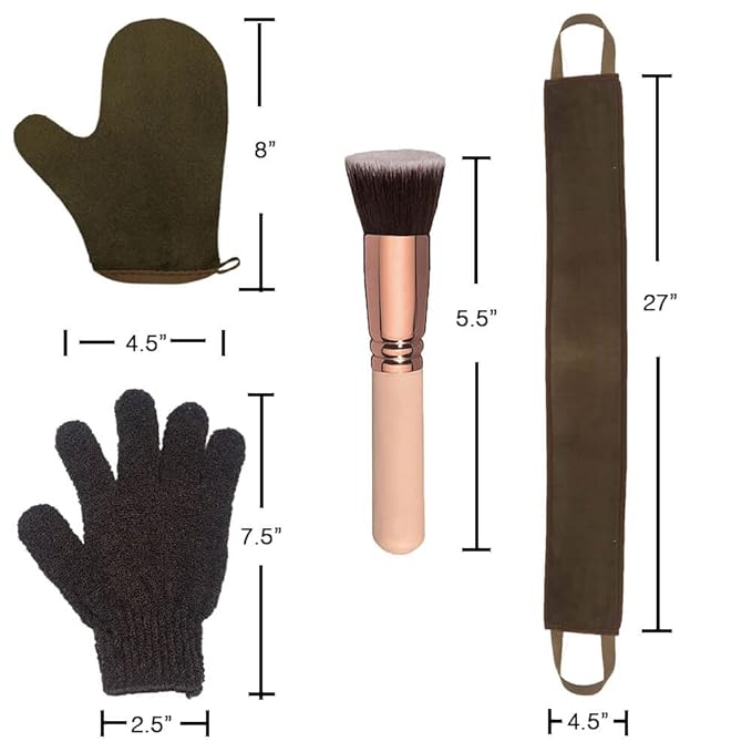 4 Pack Self Tanning Mitt Applicator Kit, with Self Tanner Mitt, Self Tan Back Applicator, Exfoliating Glove, Flat Top Face Tanner Brush, Tan mit for Self Sunless Tanner (brown)