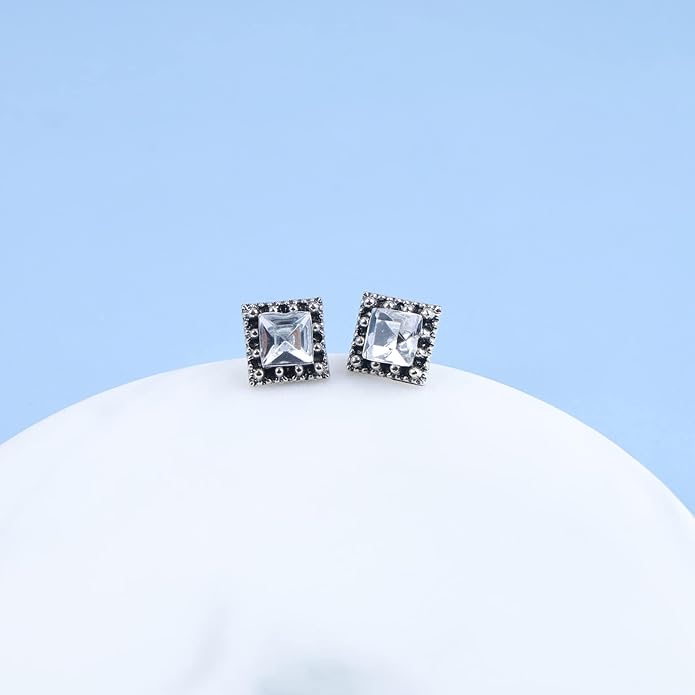 Boho Tiny Crystal Square Earrings Silver