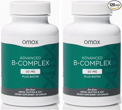 Omax3 2 Bottles - Advanced Vitamin B Complex 50MG with Biotin | Strong & Shiny Hair, Skin Nails, Support Stress, Immunity, Energy Metabolism, 90 Capsules/per Bottle