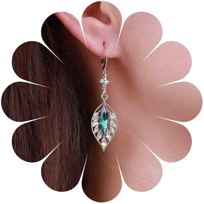 Vintage Emerald Leaf Earrings Rhinestone Leaf Drop Earrings