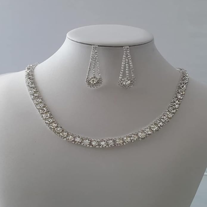 Yean Bride Silver Necklace Earrings Set Rhinestone Bridal