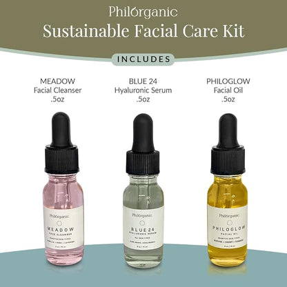 Philorganic Sustainable Facial Care Kit- Organic Trio Set- Cleanser, Hyaluronic Serum, & Oil - Self-Care Spa Moment & Gift - Small Batch USA Made
