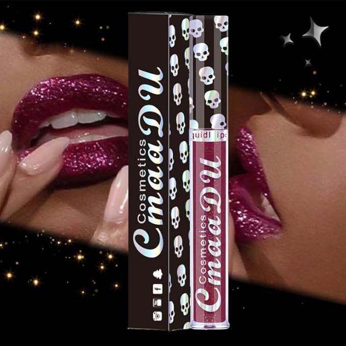 AKARY Shimmer Liquid Lipstick Long Lasting, Skull Diamond Metallic Shiny Glitter Glossy Shimmery Finish Waterproof Lip Gloss for Women, High Pigmented Nonstick Cup Lipstick Makeup for Lips, 05
