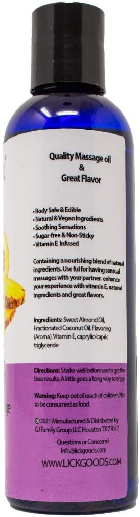 Lick Pineapple Flavored Massage Oil with Vitamin E, Coconut, Sweet Almond Oil for Lovemaking, Date Night, Nuru Yoni Massage Therapy, Safe & Edible