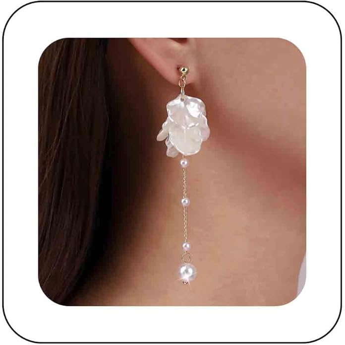 Vintage Pearl Flower Drop Earrings Long