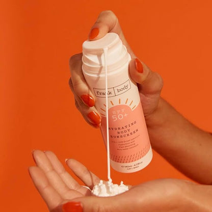 Frank Body SPF50+ Hydrating Body + Facial Sunscreen | Vegan & Cruelty- Free | UVA & UVB Broad Spectrum Sunscreen | Oxybenzone- Free | Hyaluronic Acid, Vitamin E & Aloe Vera (4.73 fl oz/ 140mL)