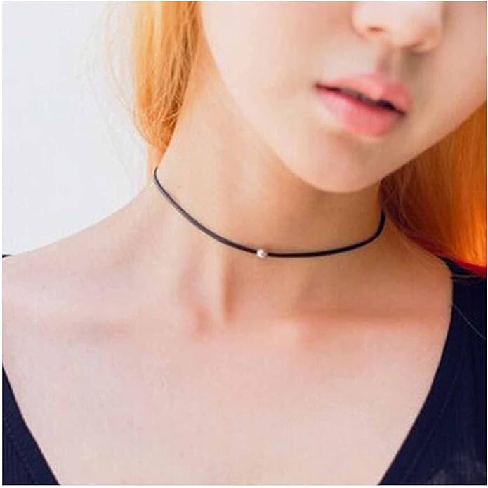 Boho Leather Choker Necklace Thin Black
