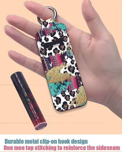 Chapstick Holder Keychain Holder Neoprene Lip Balm Lipstick Lip Gloss Holder Travel Accessory for Girls Women Gift(Turquoise Leopard)