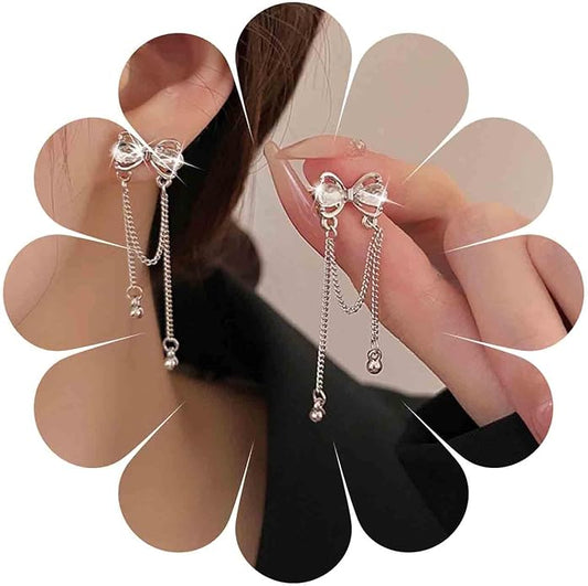 Vintage Crystal Bow Earrings Rhinestone Chain