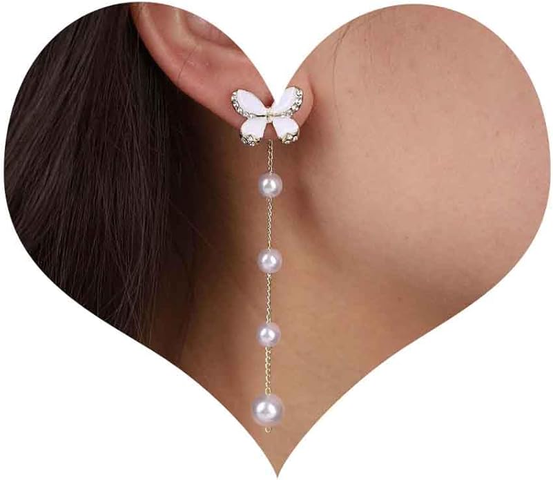 Vintage Crystal Butterfly Pearl Earrings Long