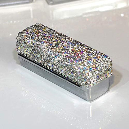 Lipstick Bling Rhinestone Crystal Lipstick Case Storage Organizer Box with Mirror for Women's Lipstick Holder-Cosmetic Storage Kit (Silver)