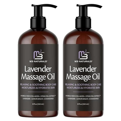 Lavender Massage Oil with Collagen and Stem Cells - Skin Firming Therapy Oil for Cellulite and Quick Absorption on Bum, Thighs, and Belly by M3 Naturals (Pack of 2)