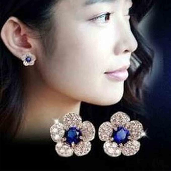 Boho CZ Flower Studs Earrings Silver Crystal Earrings