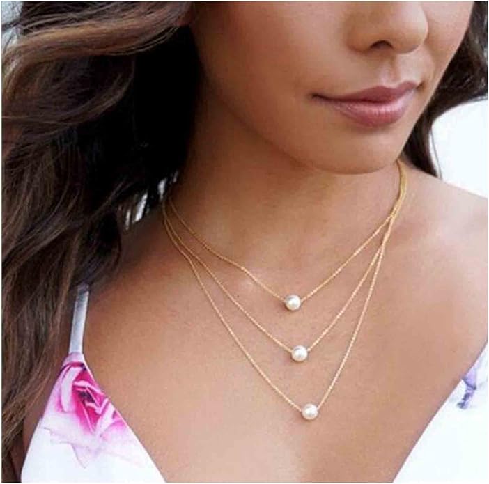 Boho Layered Pearl Necklace Choker Gold Pearl Pendant