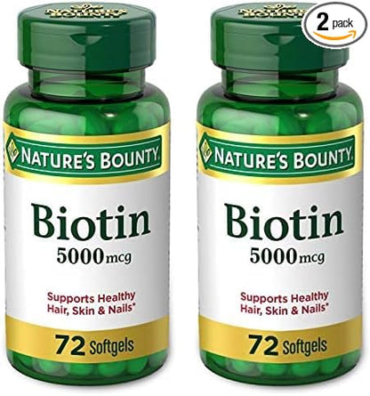 Nature's Bounty Biotin, Vitamin Supplement, Supports Metabolism for Energy and Healthy Hair, Skin, and Nails, 5000 mcg, 72 Softgels (Pack of 2)