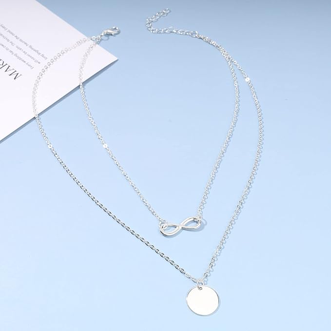 Boho Layered Infinity Coin Necklace Choker Silver Disc