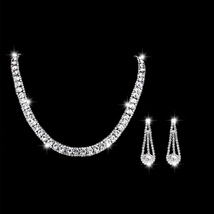 Yean Bride Silver Necklace Earrings Set Rhinestone Bridal