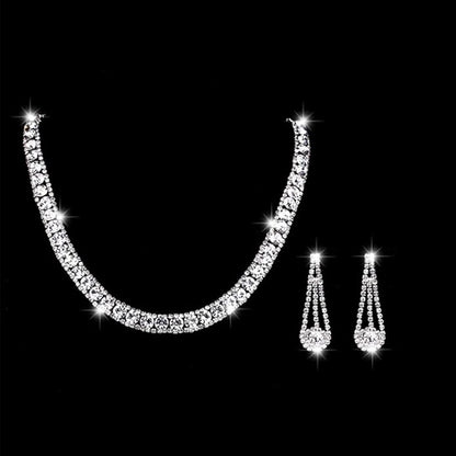 Yean Bride Silver Necklace Earrings Set Rhinestone Bridal