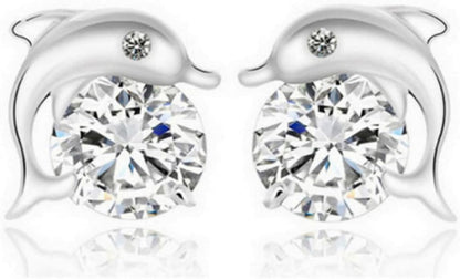 Silver Dolphin CZ Earrings Cute Animal