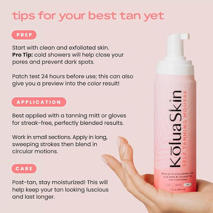 KoluaSkin by Koluawax Self Tanner Mousse (Dark) + Applicator Mitt - Natural-Looking Sunless Body Fake Tan - Dries Quickly w/No Streaks, Hydrates Skin - Dermatologist-tested for Sensitive Skin, 7oz