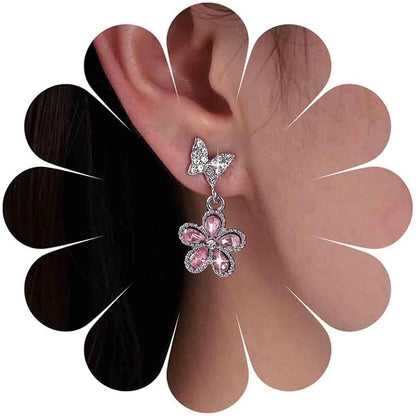 Vintage Pink Crystal Flower Earrings Butterfly