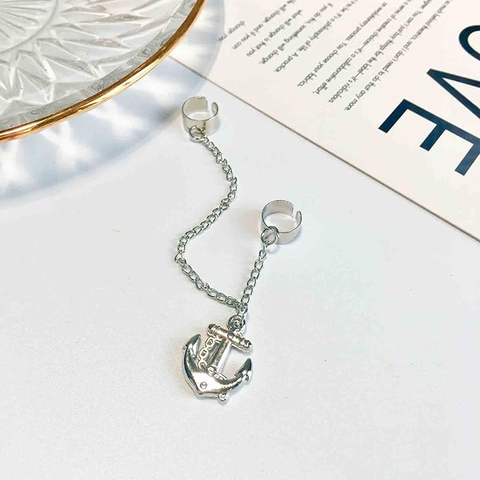 Anchor Chain Cuff Earrings Silver Anchor Dangle Chain