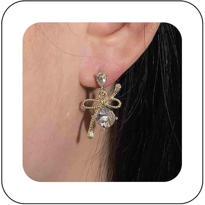 Vintage Rhinestone Bow Drop Earrings Gold Teardrop Crystal