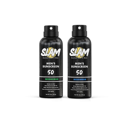 SLAM WoodsMan & BeachMan Bundle - Men's Scented Sunscreen, Sunscreen Spray, Water Resistant Sunscreen, Paraben Free, Broad Spectrum UVA/UVB Sunscreen (Large, 50, Sun Protection Factor (SPF))