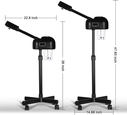 LCD Facial Steamer Professional for Clean Skin, Skin Care Use at Home, Beauty Salon, Spa with Hot Mist, Timer Function, Adjustable Height, Rolling Wheels - Black