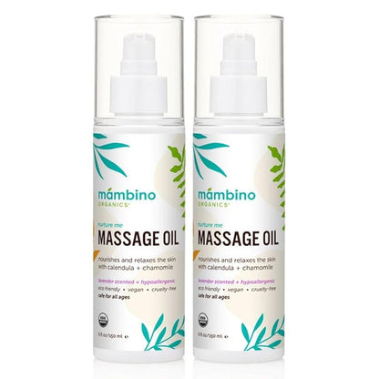 Massage Baby Oil – Organic, Nourishing with Egyptian Calendula, Chamomile & Lavender – Gentle for After-Bath Relaxing – Cruelty-Free Baby Oils for Baby & Kids by Mambino Organics, 2-Pack 5 fl oz