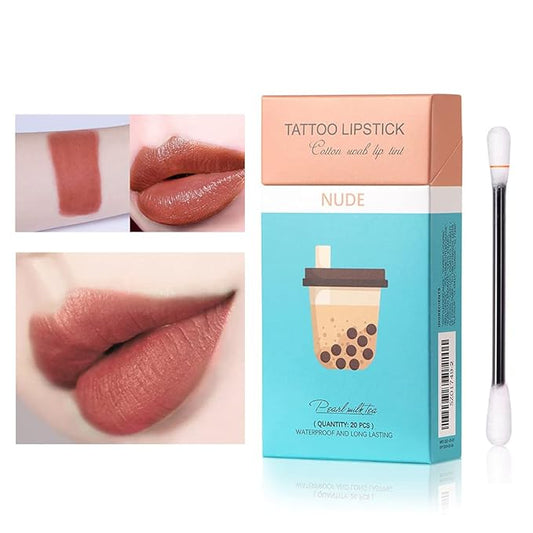 20Pcs Tattoo Lipstick Cotton Swab, Waterproof Non-Stick Tattoo Lipstick Cotton Swab Lip Tint, Long Lasting Lip Gloss Cotton Swab Matte (Nude)