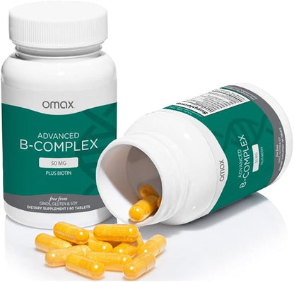 Omax3 Advanced Vitamin B Complex 50MG with Biotin | Strong & Shiny Hair, Skin Nails, Support Stress, Immunity, Energy Metabolism, 90 Capsules