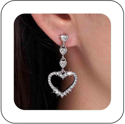 Vintage Rhinestone Heart Dangle Earrings Long