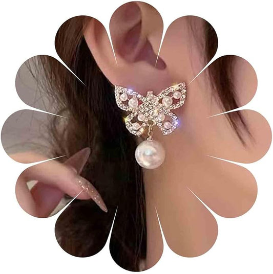 Vintage Crystal Pearl Butterfly Earrings Butterfly