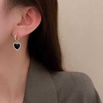 Vintage Crystal Heart Drop Earrings Black Heart Onyx