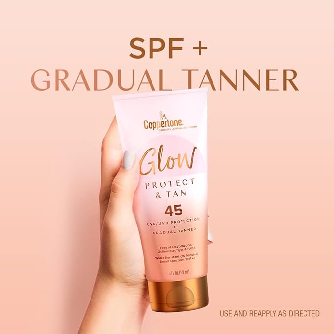 Coppertone Glow Protect and Tan Sunscreen Lotion + Gradual Self Tanner, SPF 45 Sunscreen, 5 Fl Oz Tube