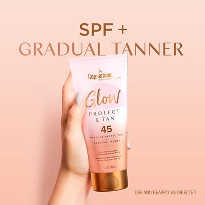 Coppertone Glow Protect and Tan Sunscreen Lotion + Gradual Self Tanner, SPF 45 Sunscreen, 5 Fl Oz Tube