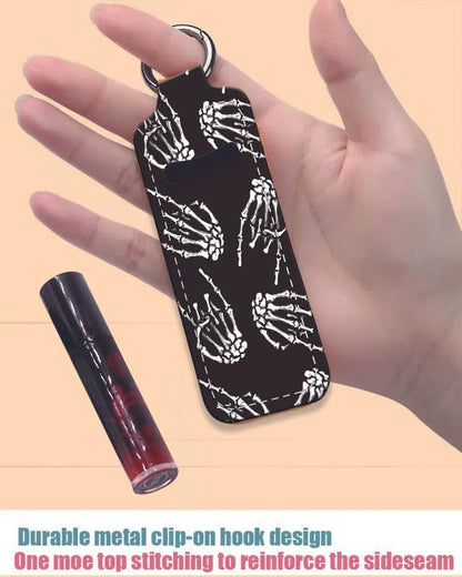 Chapstick Holder Keychain Holder Neoprene Lip Balm Lipstick Lip Gloss Holder Travel Accessory for Girls Women Gift(Skeleton Skull Hand)