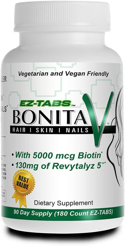 Bonita V Vegan Hair Nails and Skin Vitamins for Women - 20 Active Ingredients Including Biotin - Stronger Nails, Healthy Skin, Hair Growth - 180 EZ-TAB Veggie Tablets