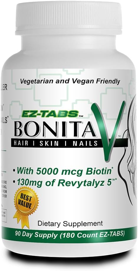 Bonita V Vegan Hair Nails and Skin Vitamins for Women - 20 Active Ingredients Including Biotin - Stronger Nails, Healthy Skin, Hair Growth - 180 EZ-TAB Veggie Tablets