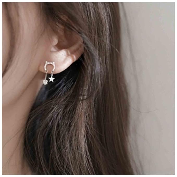Crystal Cat Studs Earrings Silver Crystal Star Dangle