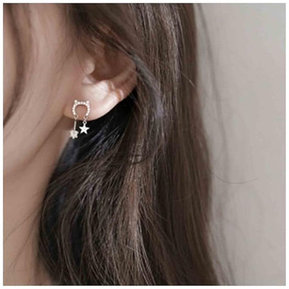 Crystal Cat Studs Earrings Silver Crystal Star Dangle