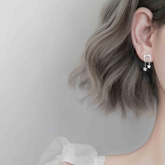 Crystal Cat Studs Earrings Silver Crystal Star Dangle
