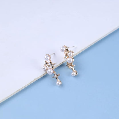 Vintage Pearl Star Earrings Rhinestone Pearl Drop Earrings