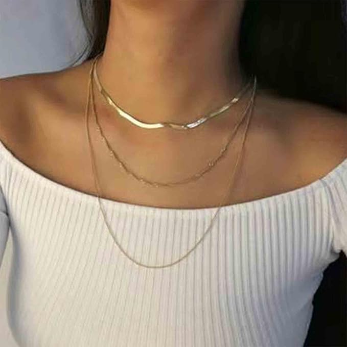 Punk Layered Chain Necklace Gold Flat Snake Chain